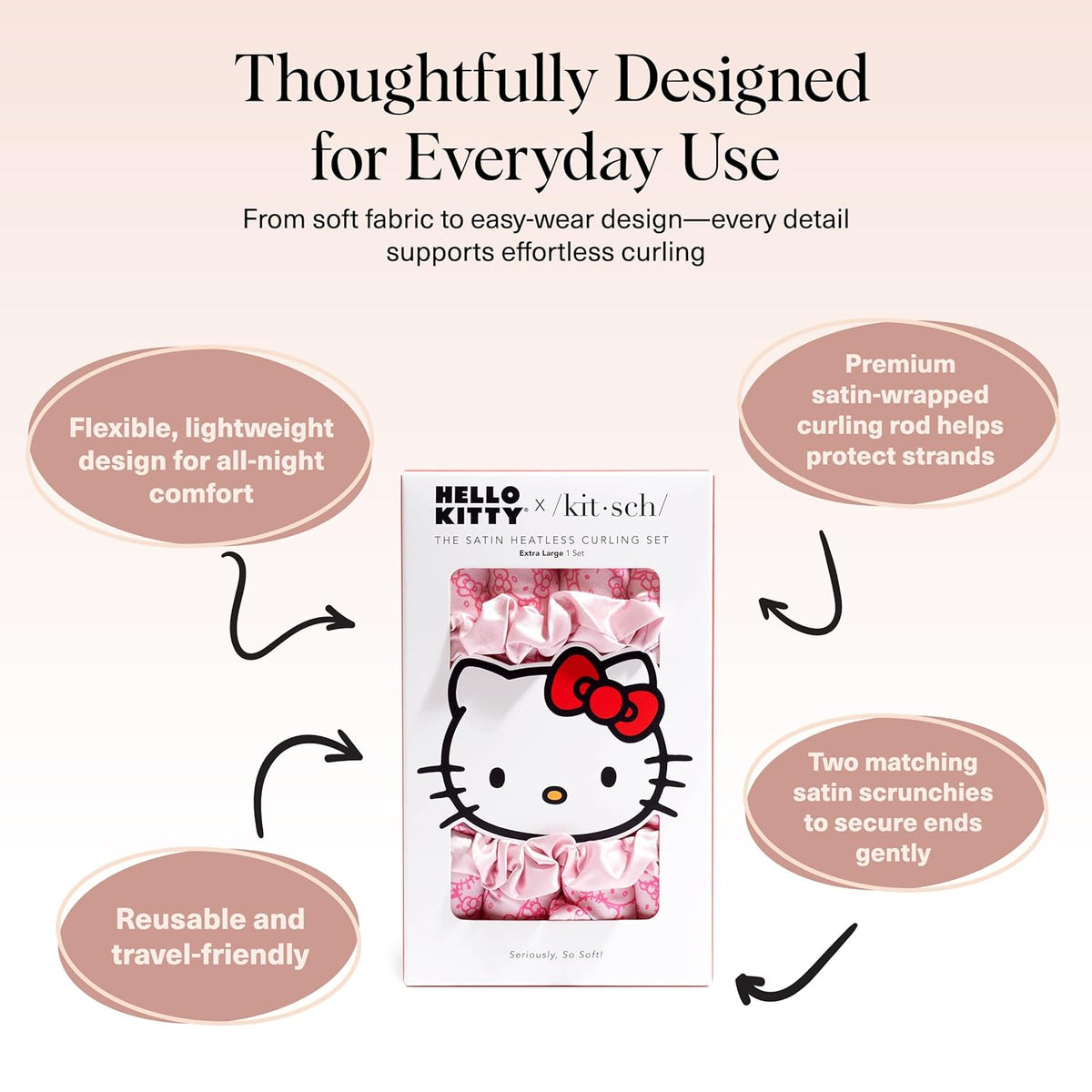 Hello Kitty x Kitsch Satin Heatless Hair Curler Set - Heatless Curls Overnight, Hair Rollers for Soft Curls & Frizz-Free Styling, No Heat Curlers To Sleep in, Curling Rod Headband - Pink Kitty Faces