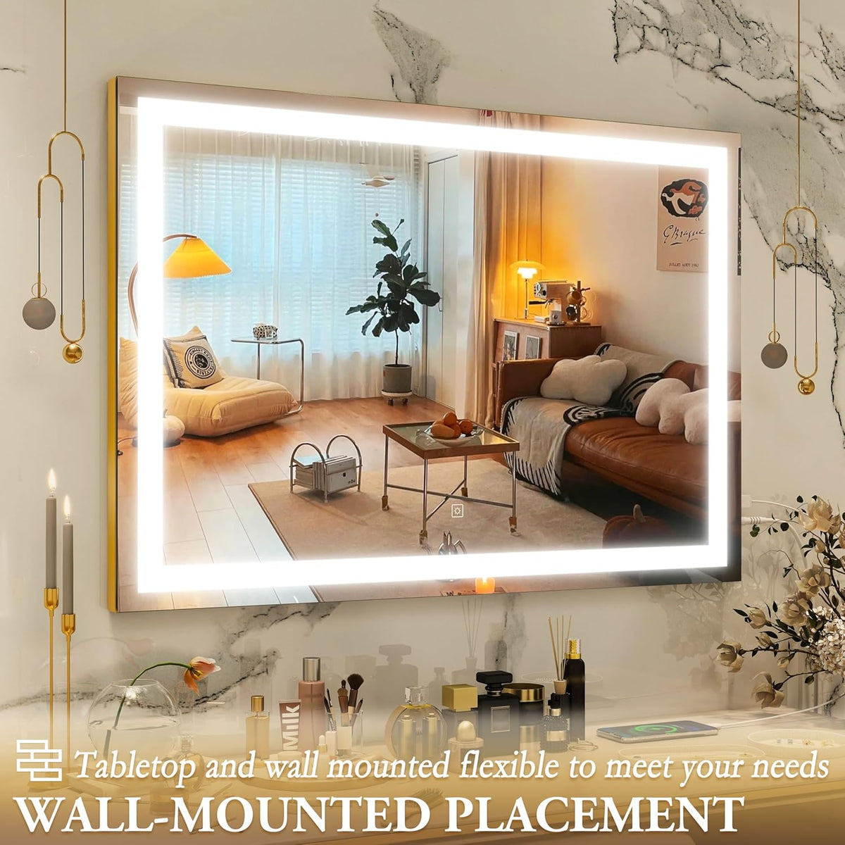 Vanity Mirror with Lights, 32" x 22" Large Lighted Vanity Mirror with Dimmable 3 Modes, LED Makeup Mirror, 10X Magnification, USB Charging Port, Tabletop or Wall-Mounted Square Gold