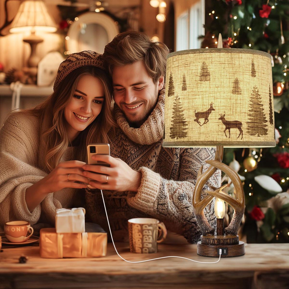 Scenekoy Rustic Farmhouse Antlers Table Lamp Set of 2 with Nightlight Dual USB Ports Linen Fabric Round Shade Bedside Lamp Decor for Living Room Bedroom Office House