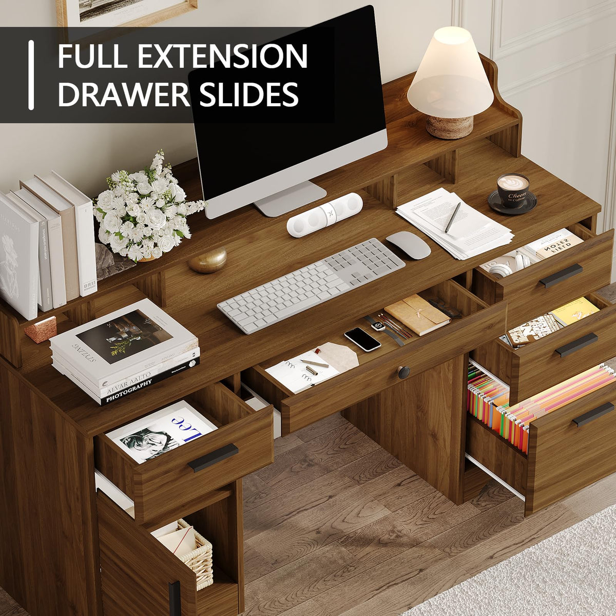MaverickFurni 58 Inch Computer Desk with File Drawers, Executive Desk with Storage, Home Office Desk with Storage Cabinet for Bedroom, Rustic Brown