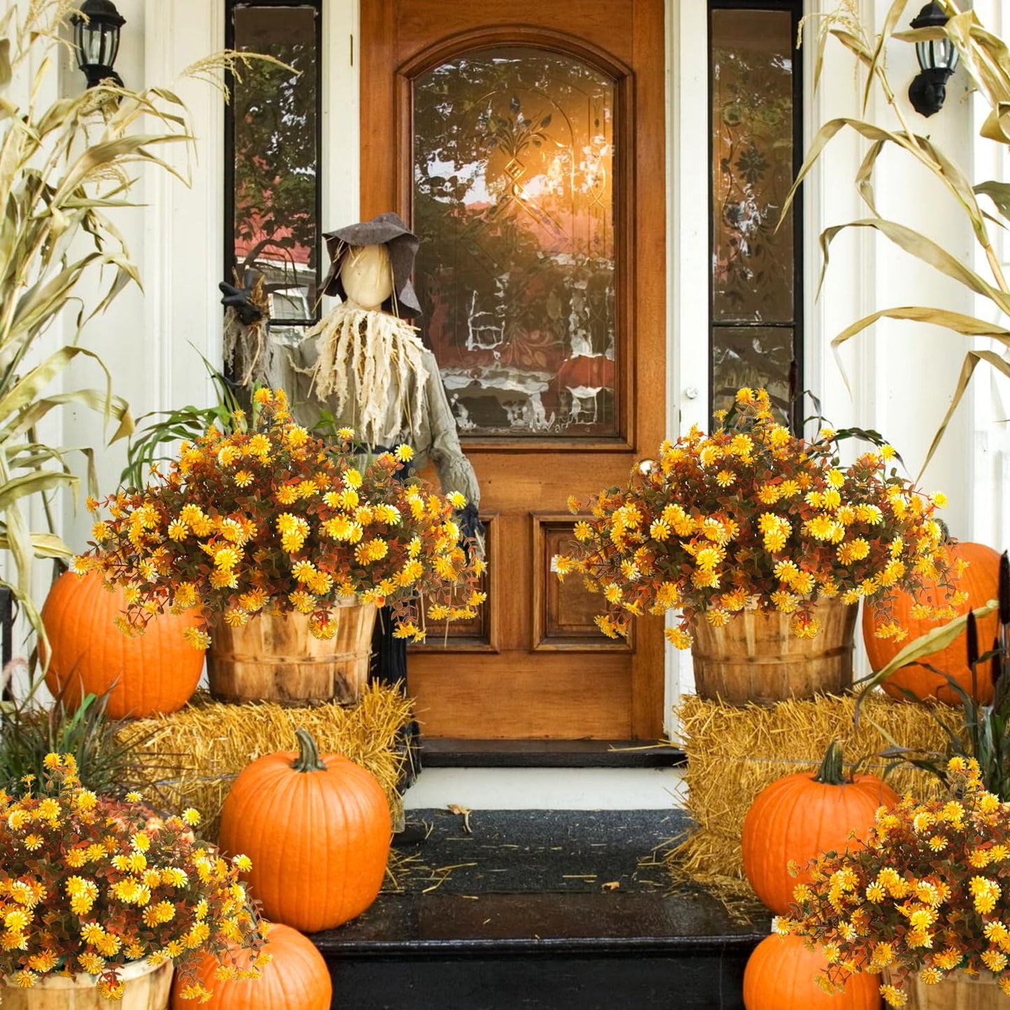 12 Bundles Artificial Fall Flowers for Outdoors Fake Plants - Faux Outside Greenery Boxwood No Fade Plastic Shrubs Decor Farmhouse Home Garden Thanksgiving (Fall)