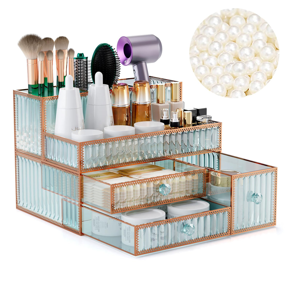Youdepot Makeup Organizer Countertop Tempered Glass Vanity Organizer for Cosmetics, Skincare, Hair Tools, Brushes, Perfume - Multipurpose Bathroom Counter Skincare Organizer