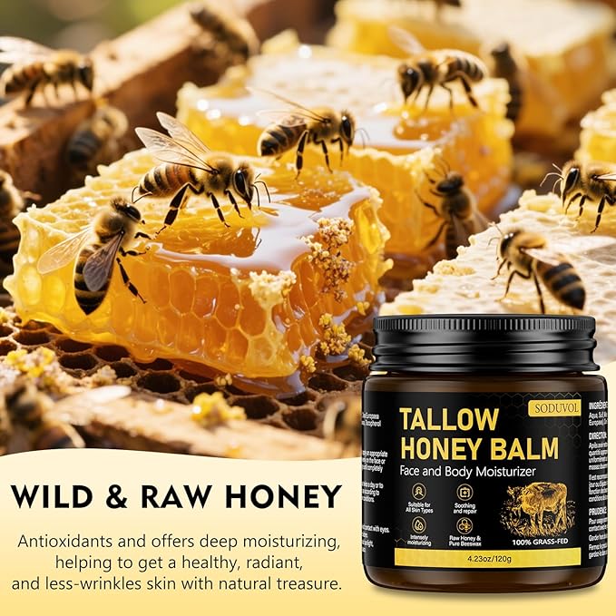 Organic Beef Tallow for Skin, Face & Body Moisturizer, Whipped Tallow Honey Balm Cream with Raw Honey, Grass Fed Cow Beef Tallow, All Natural Pure Body Lotion for Soft Smooth Skin, Unscented 4.2 OZ