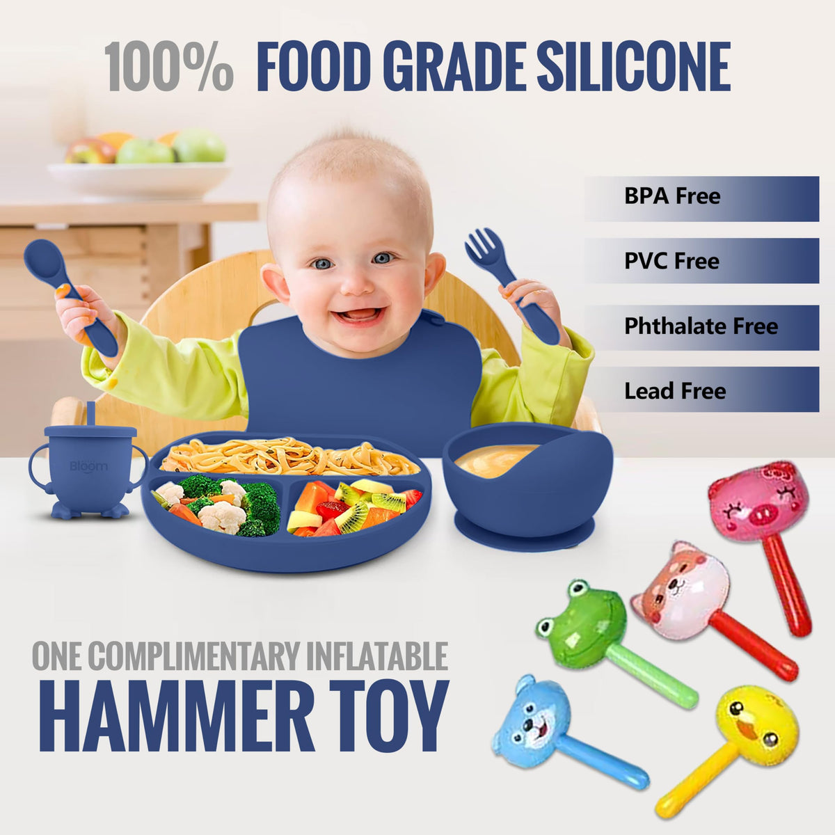 Premium Silicone Baby Feeding Set, Baby Led Weaning Supplies, Suction Bowl, Suction Plate, 3 in 1 Cup, Bib, Stage 1 and 2 Spoon & Fork, Toddler weaning supplies, Baby feeding essentials (Dark Blue)