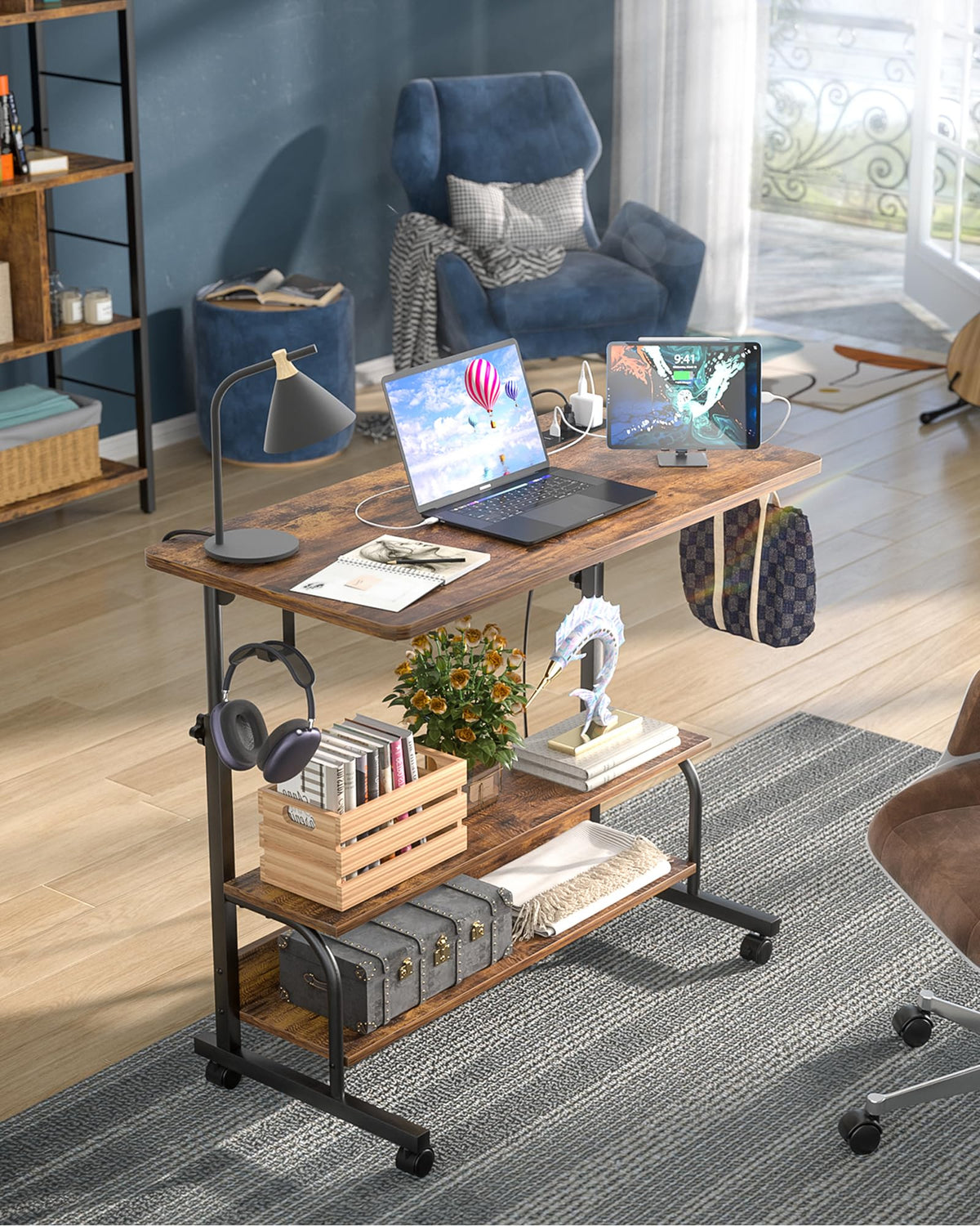 Armocity Height Adjustable Standing Desk with Power Outlets, 32" Manual Stand Up Desk with Storage Shelves Small Mobile Rolling Computer Desk Portable Laptop Table with Wheels for Home Office, Rustic