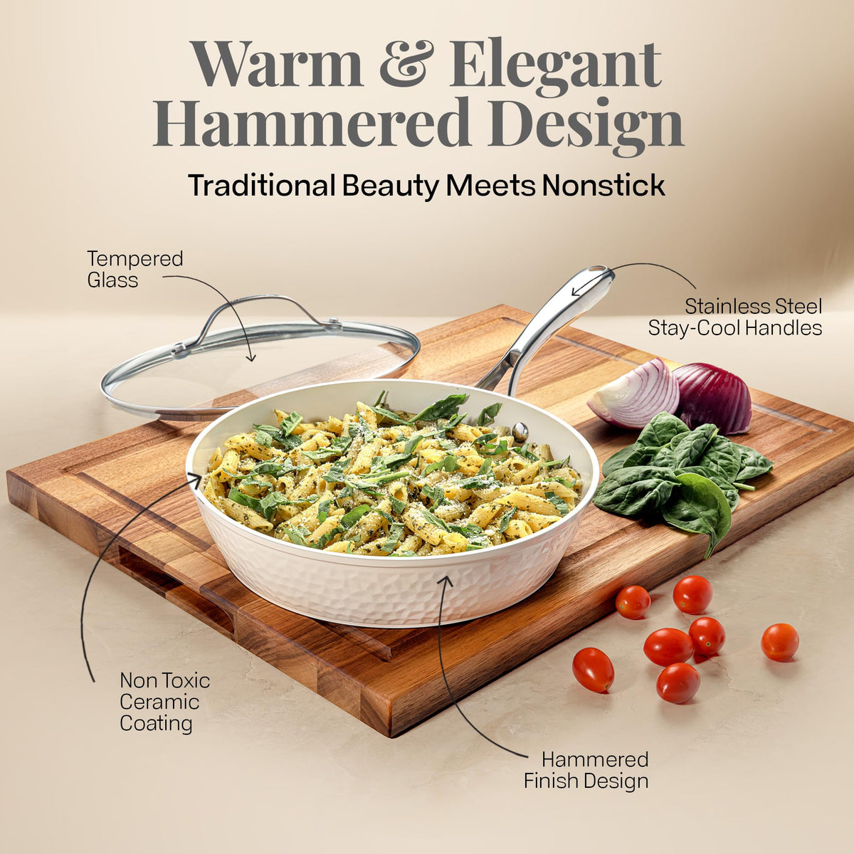 GOTHAM STEEL Hammered 10 Inch Non Stick Frying Pans with Lid, Frying Pans Nonstick with Lid, Non Toxic PFOA PFOS Free, Skillet Pan for Cooking, Induction Oven and Dishwasher Safe – Cream