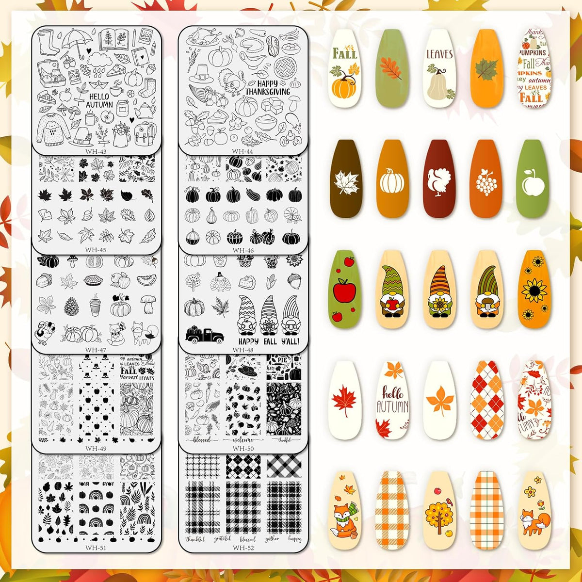 Whaline 10 Sheet Fall Nail Art Stamping Plates Kit Happy Thanksgiving Pumpkins Maple Leaf Gnome Plaid Autumn Blessings Collection Nail Art Plate for Autumn Thanksgiving Nail Art Design DIY Print