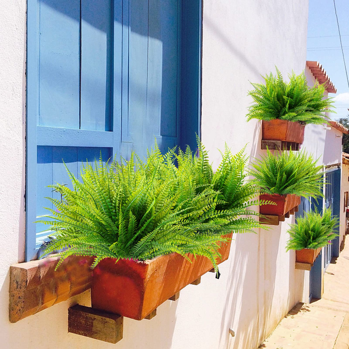 Ouddy Decor 12 Bundles Artificial Boston Ferns Artificial Plants Outdoor Greenery Stems Faux Shrubs UV Resistant for Garden Front Porch Table Window Box Home Decorations