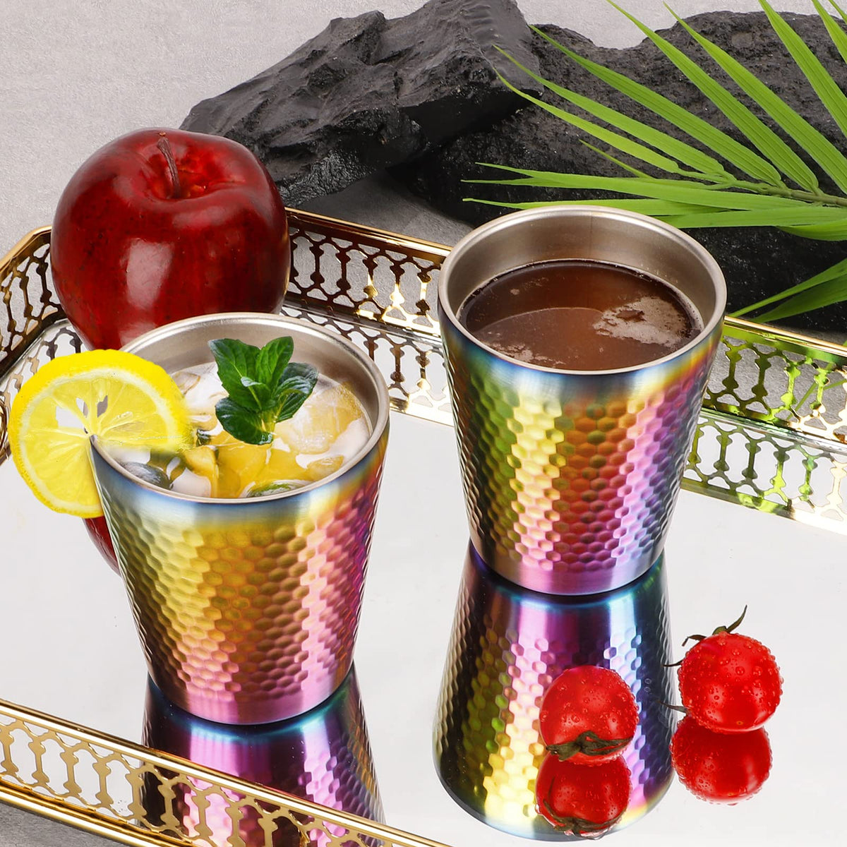 TIICOO Stainless Steel Cups 2 Packs 10oz/300ml Stackable Double Wall Insulated Metal Shatterproof Cups Titanium-Plated Diamond Textured Surface Heat Resistant Dishwasher Safe (Rainbow)