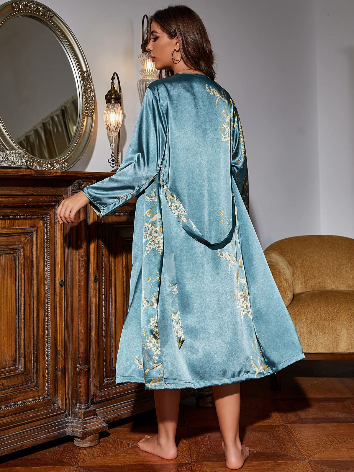 LDMPWGMD Nightgown and Robe Set for Women Floral Nightshirt Soft Kimono Robe Women Satin Bathrobe Pajama Set Cami Sleepwear