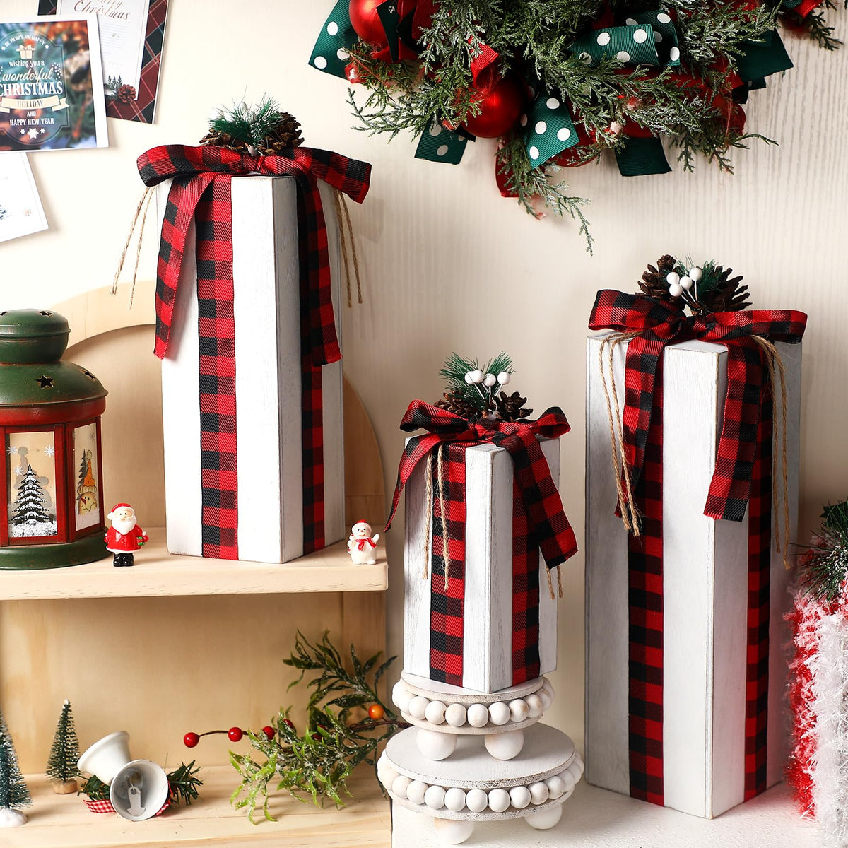 Huwena 3 Pcs Large Christmas Rustic Wood Presents 3 Sizes Christmas Table Centerpieces Christmas Tiered Tray Decor Gift Christmas Xmas Decor Wooden Faux Blocks with Buffalo Plaid Bowknot for Holiday