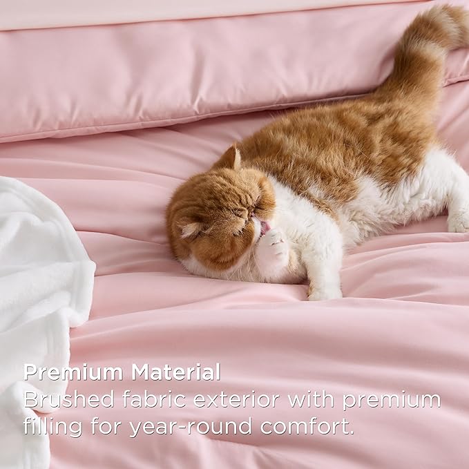 Bedsure Queen Comforter Set Pink, 8 Pieces Prewashed Queen Size Bed in a Bag with Soft Fleece Bed Blanket, Down Alternative Bedding Set for All Seasons, Sheets, Pillowcases & Shams