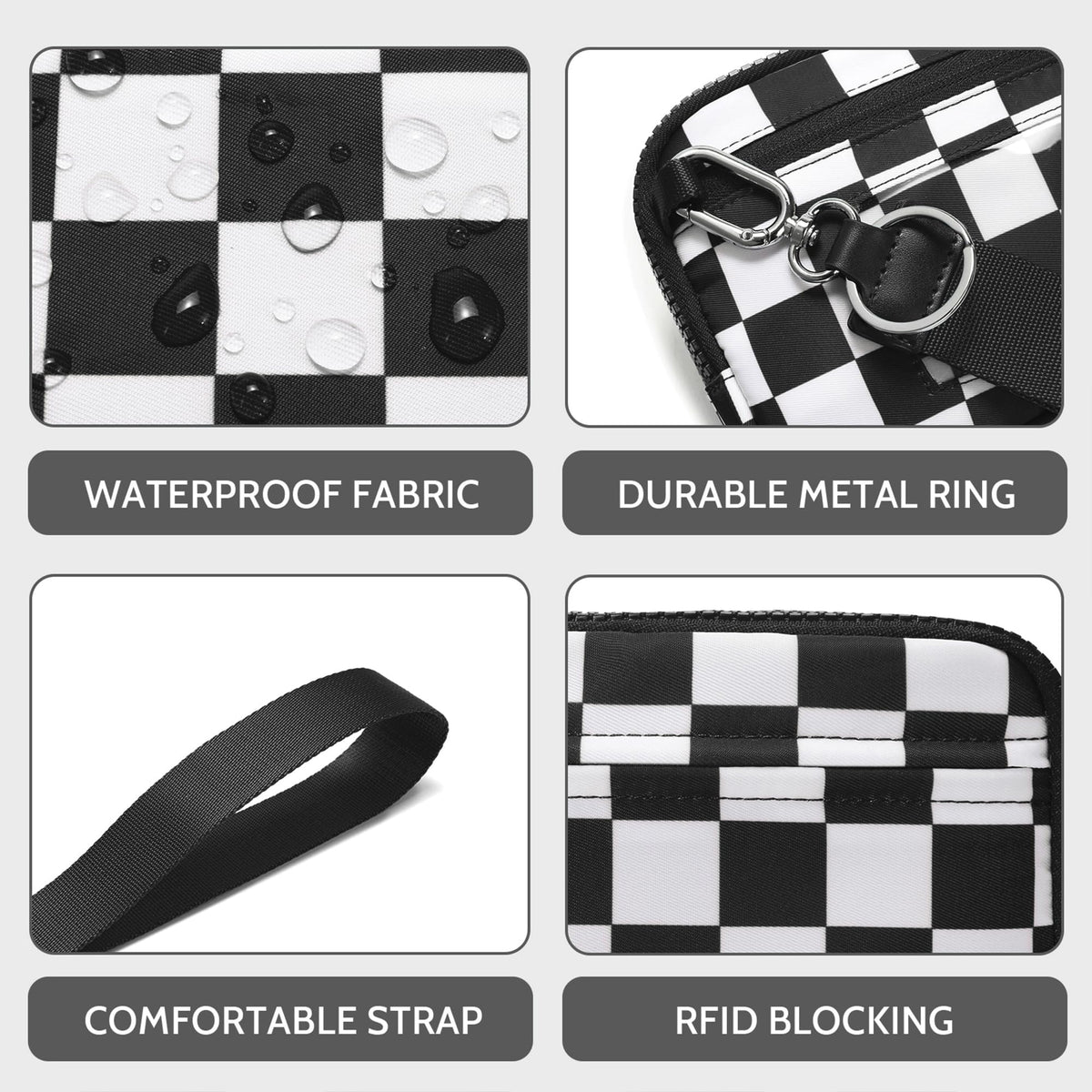FODOKO Wristlet wallets for women Nylon Quilted Wallet with 4 Zippers,Travel Credit Card,Holder Cell Phone Organizer,coin purse (Black)