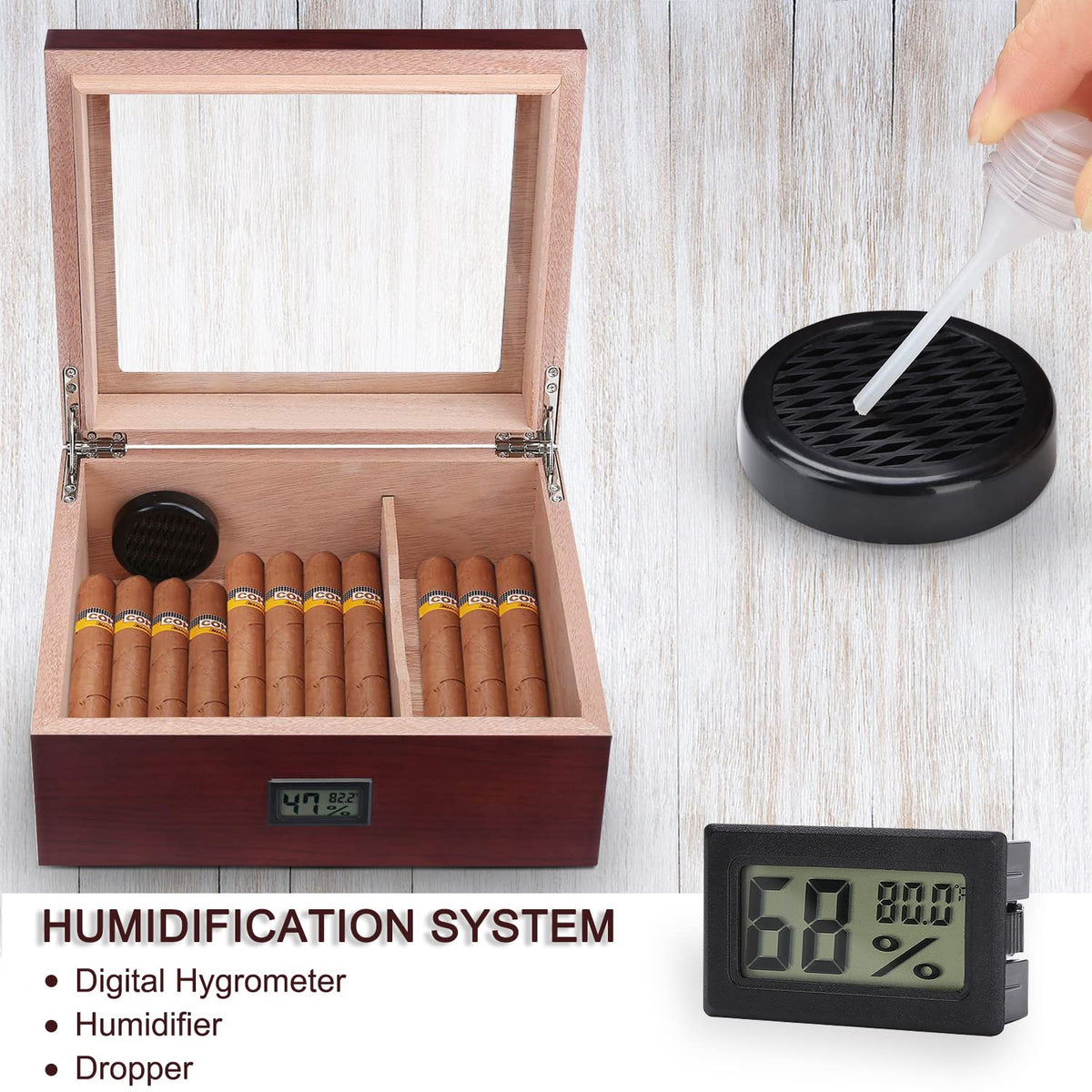 High Gloss Cigar Humidor Cigar Box, Real Solid Spanish Cedar Wood, Luxury Hygrometer and Humidifier, Desktop Humidors Gloss Black (25-50 Walnut)