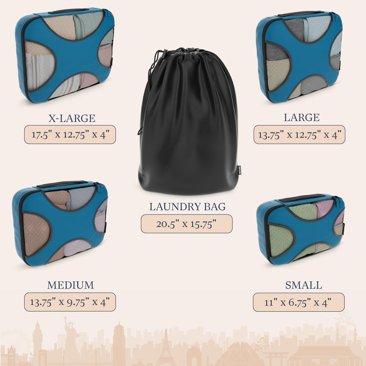 Shacke Premium 5 Packing Cubes Set - Lightweight Mesh Travel Luggage Organizers with Laundry Bag, 5-Piece Suitcase Storage System (Gentlemen's Blue)