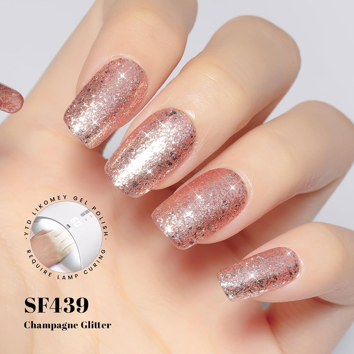 YTD Likomey Gel Nail Polish,15ml Rose Gold Glitter Nails Gel,Fall Winter Shiny Sparkly Salon Home Pink Shimmer Flakes Manicure UV Color Varnish,SF439