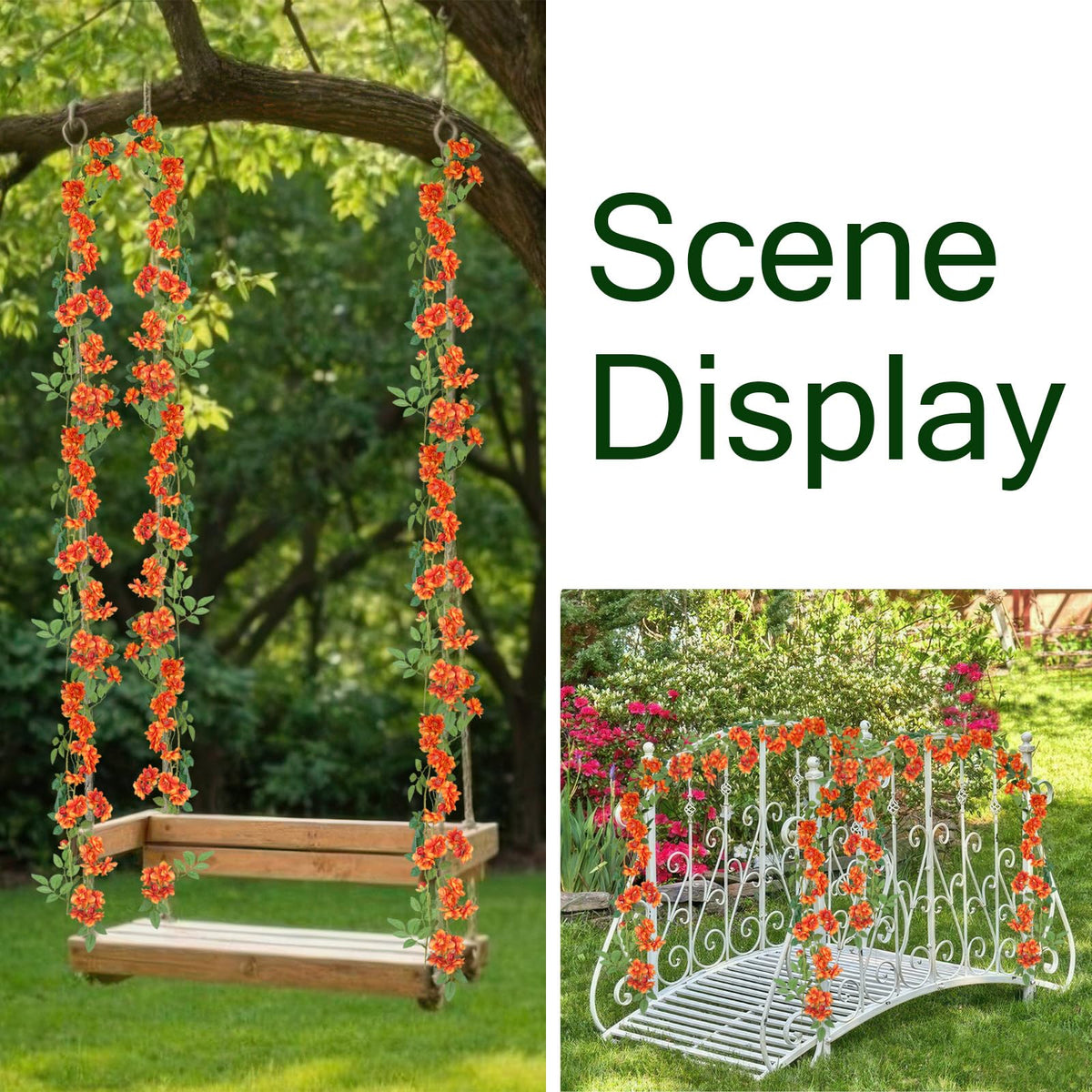 GhuaH 2 Pcs Artificial Flowers Garland for Outdoors Orange Faux Gardenia Garland 12Ft Silk Rose Hanging Vines Floral for Wedding Arch Party Wall Garden Ceremony Backdrop Fence Spring Decor
