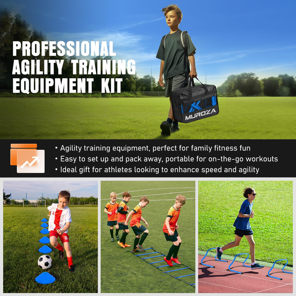 MUROZA Agility Ladder Speed Training Equipment Set-20ft Agility Ladder,12 Soccer Cones,4 Hurdles, Jump Rope, Running Parachute, Basketball Football Soccer Training Equipment for Kids, Youth, Adults