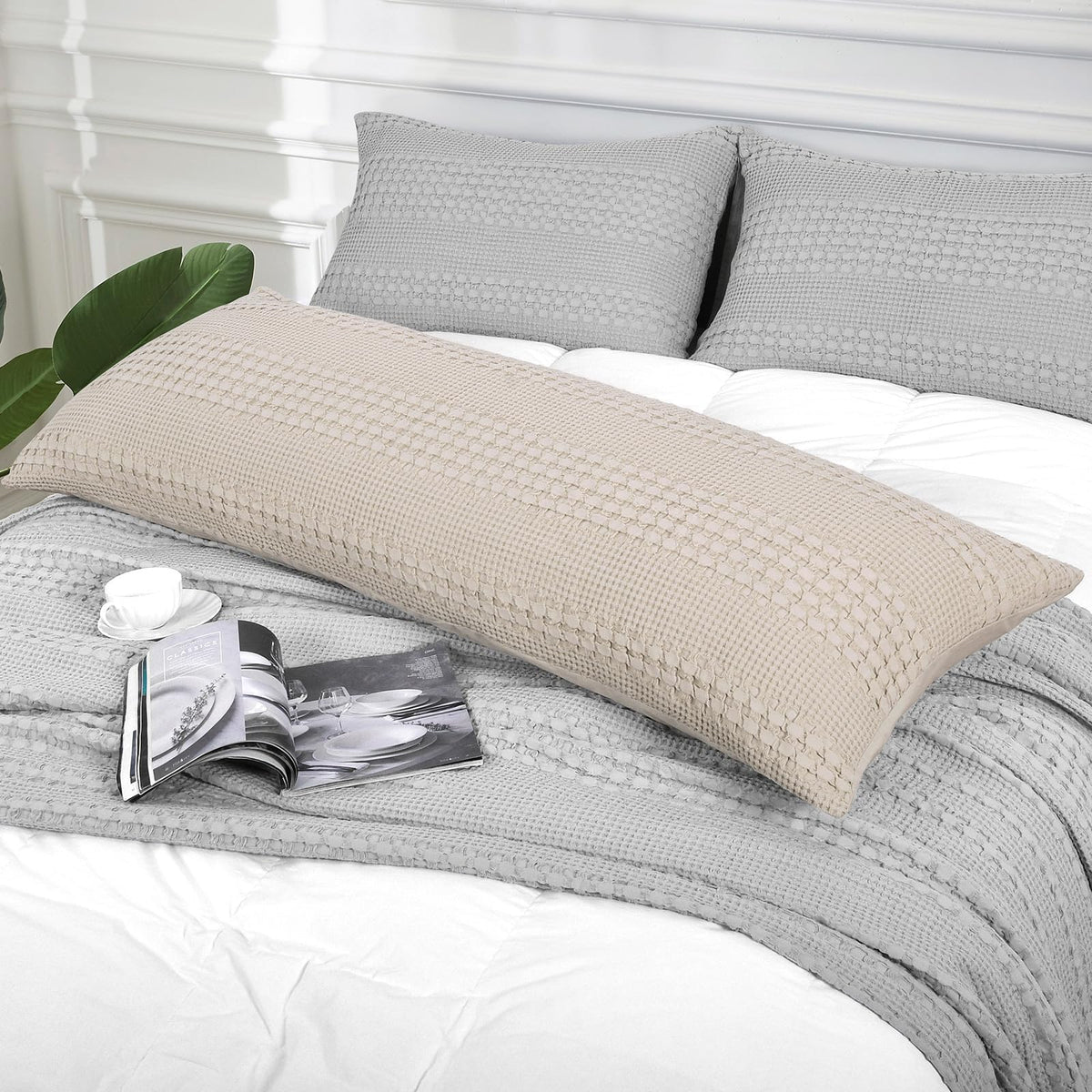 PHF 100% Cotton Waffle Body Pillowcase with Zipper, 1 Pack 20" x 54" Soft Skin-Friendly Pillow Sham, No Filling, Aesthetic Woven and Breathable Waffle Weave Body Pillow Cover for Bed, Oatmeal