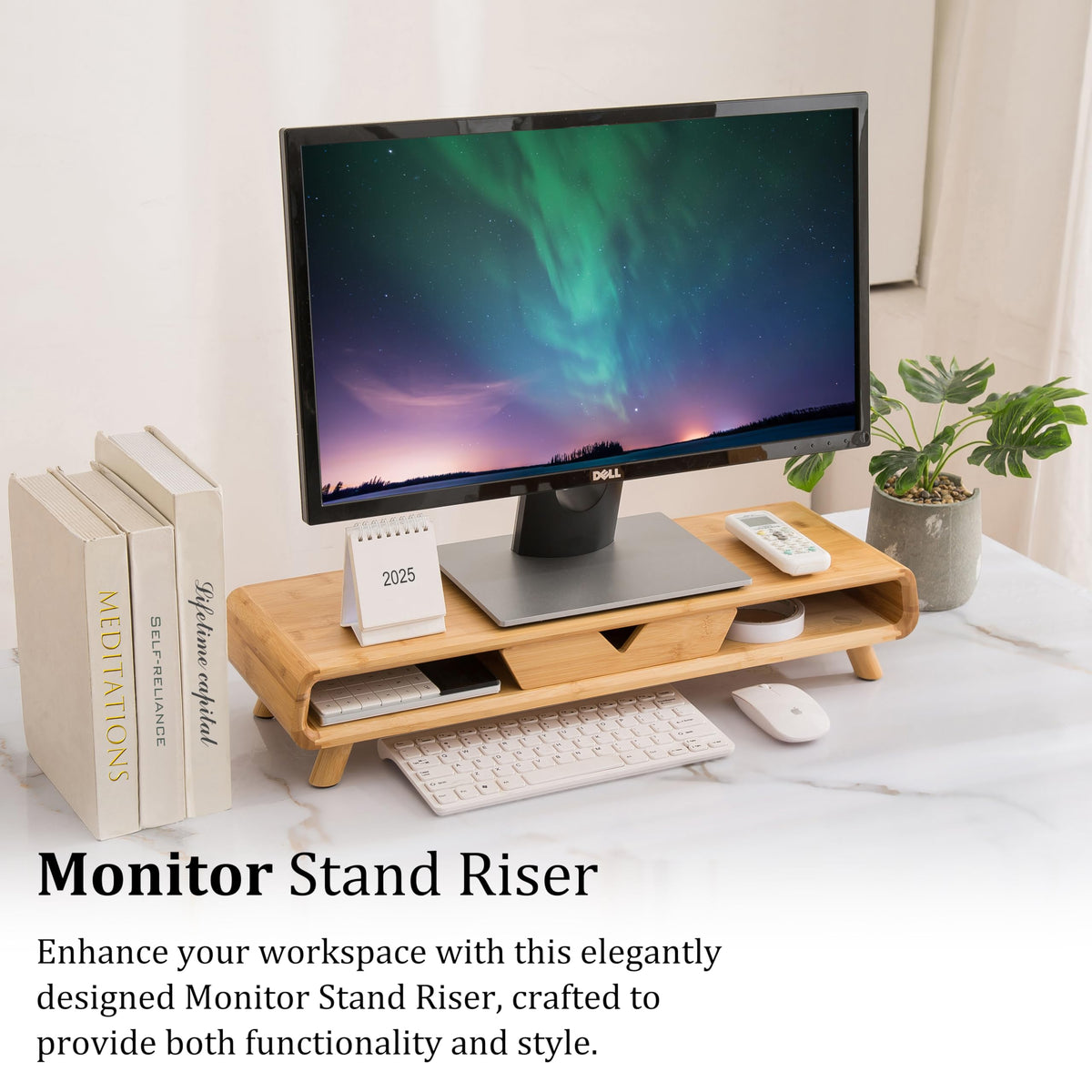 Homerays Bamboo Monitor Stand Riser, No Assembly Required Exquisite Monitor Stand with Drawer Ergonomic Height Wood Monitor Stand