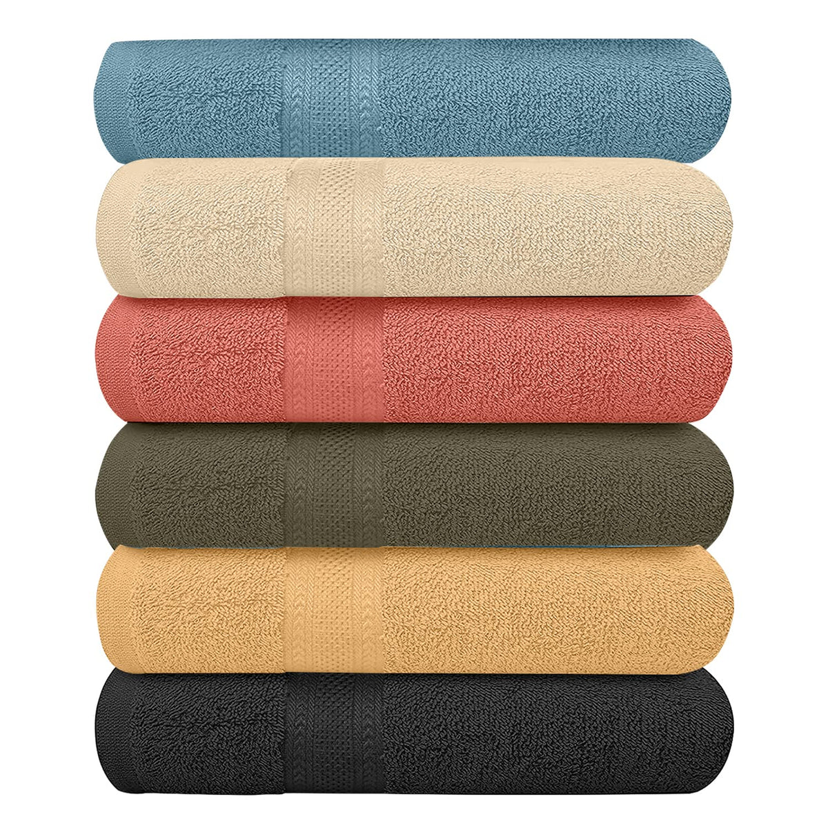 KAHAF COLLECTION Pack of 6 Bath Towels Set 27 x 54 Inches, 100% Cotton, Larger & Lighter Weight, Quicker to Dry, Super Soft and Absorbent, Perfect for Bathroom (Multicolor, Pack of 6 (27''x54''))