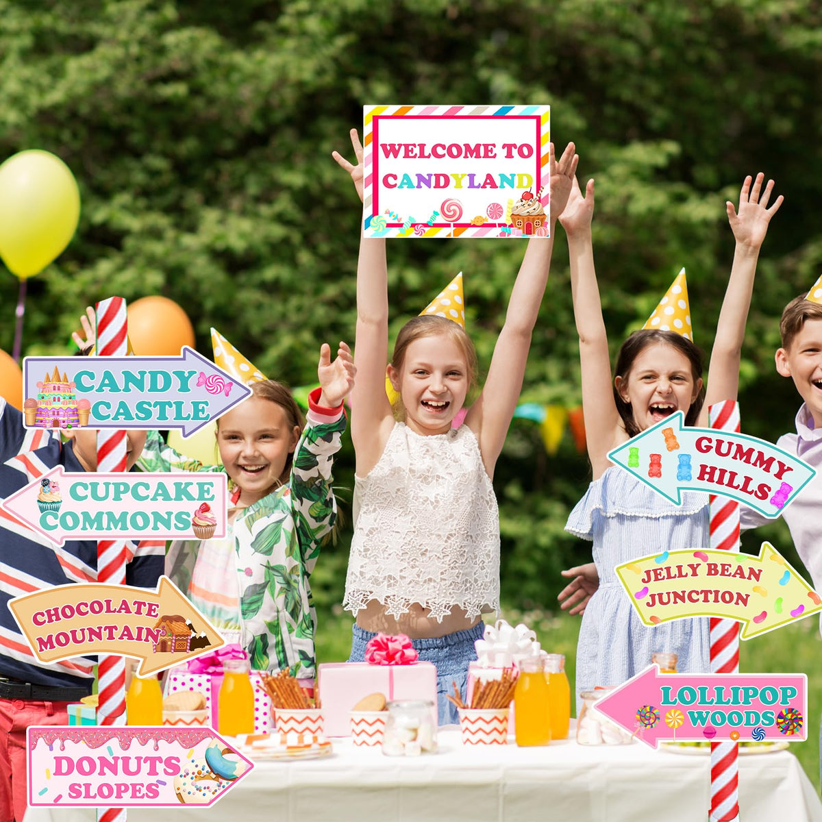 Candyland Party Decorations, Fiesec Welcome to Candy Land Sweet Party Supplies Hanging Sign Arrow Directional Sign Banner Rainbow Color 20 PCs