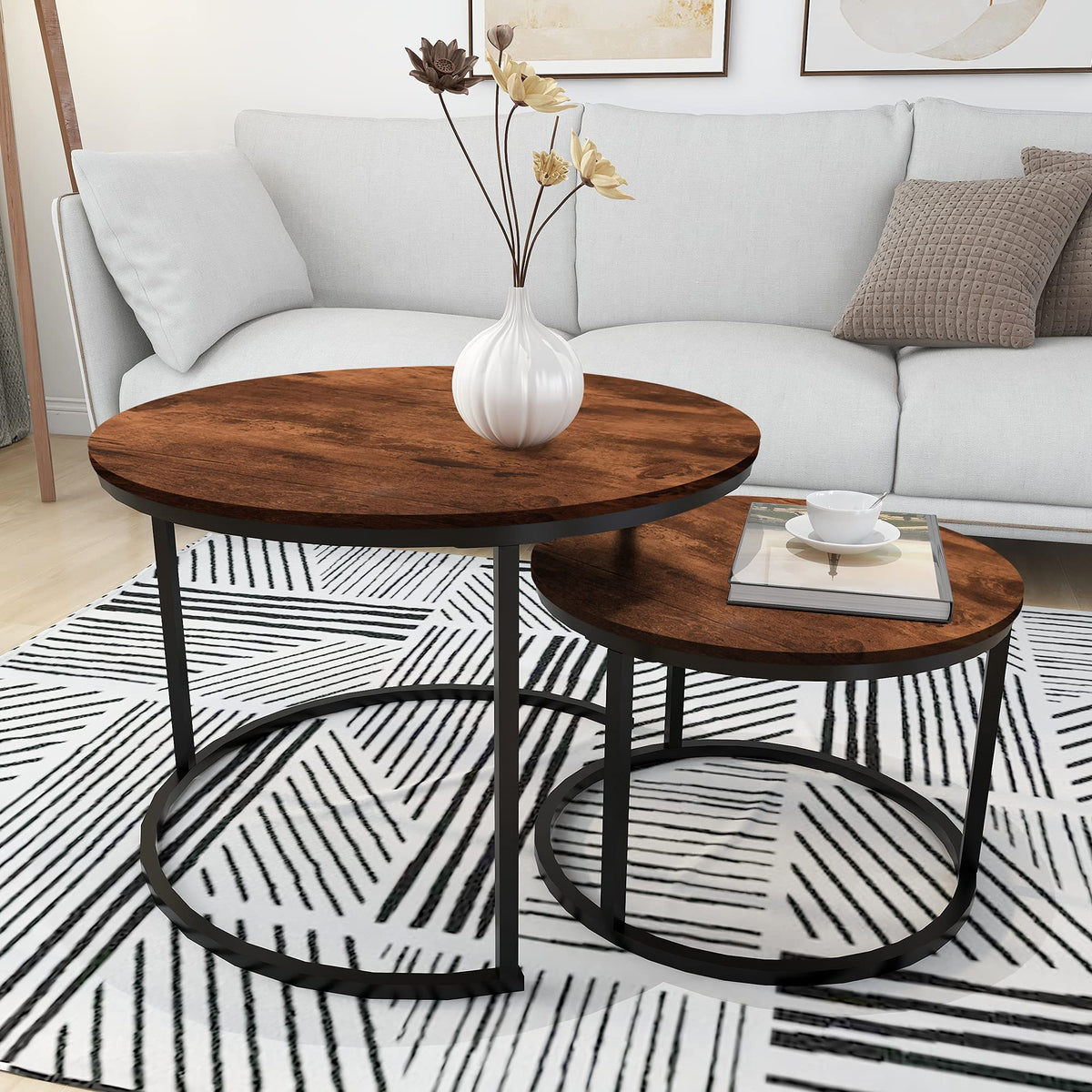 HOMERECOMMEND Round Coffee Table Set of 2 Modern Nesting Side End Table for Living Room,Round Wooden Coffee Table with Solid Powder-Coated Metal Frame, Rustic Brown/Black