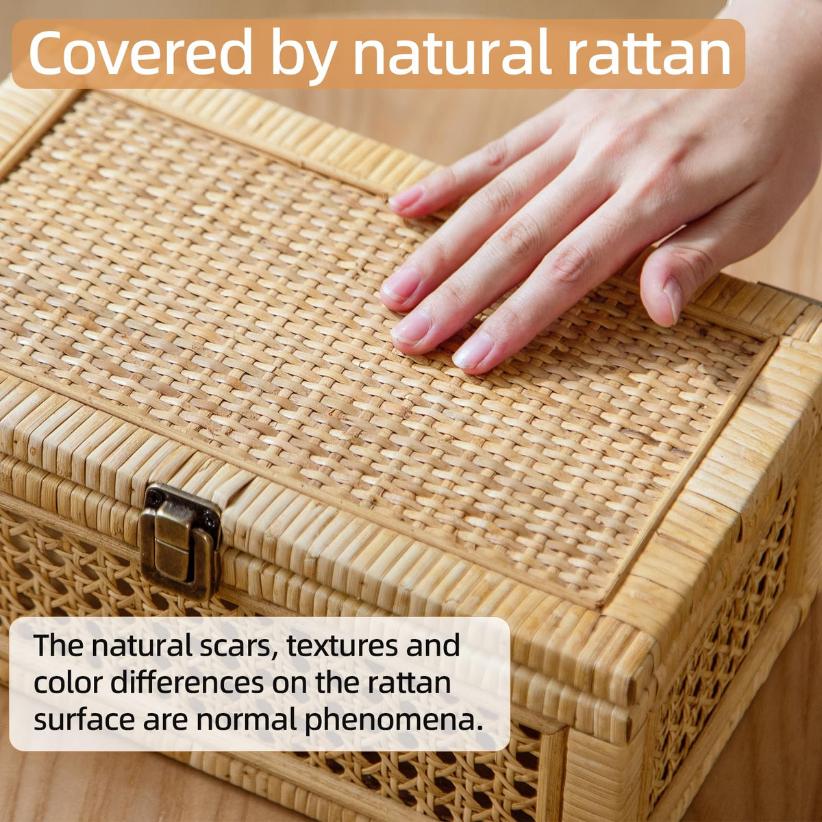 HuiDao Rattan Decorative Box, Boho Display Boxes with Lids, Set of 2 Rectangular Wicker Storage Basket, Natural Woven Cane Bins for Home Decor (Rectangular)
