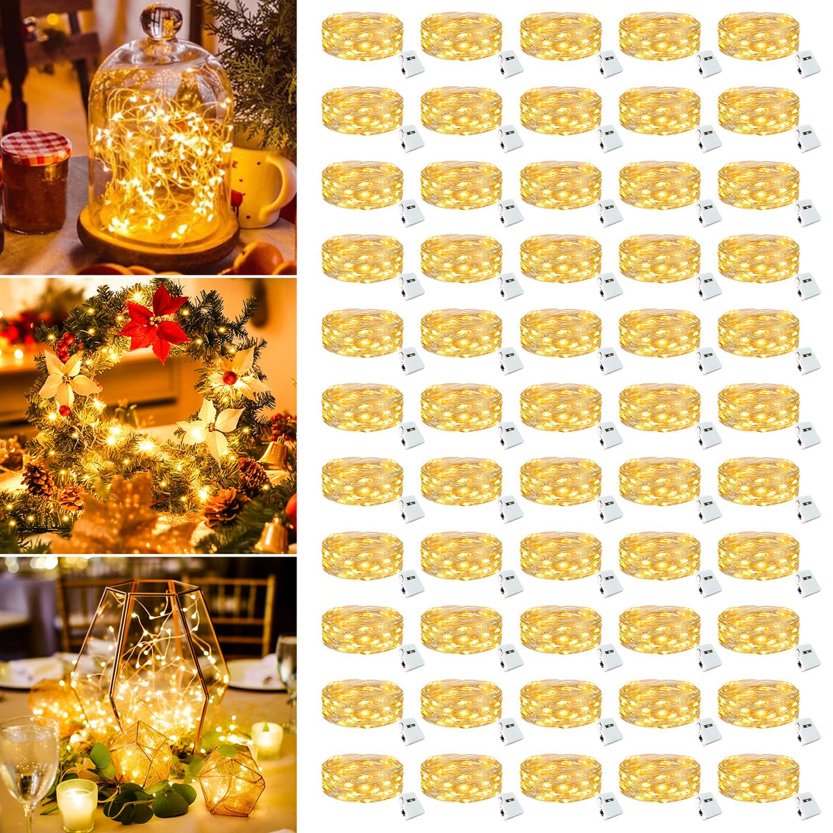 Fairdeer 50 Pack Fairy Lights Battery Operated - 7ft 20 Led Twinkle Lights 3 Modes, Bulk Mini String Lights Waterproof for Mason Jars Vases DIY Party Wedding Decoration Christmas -Warm White