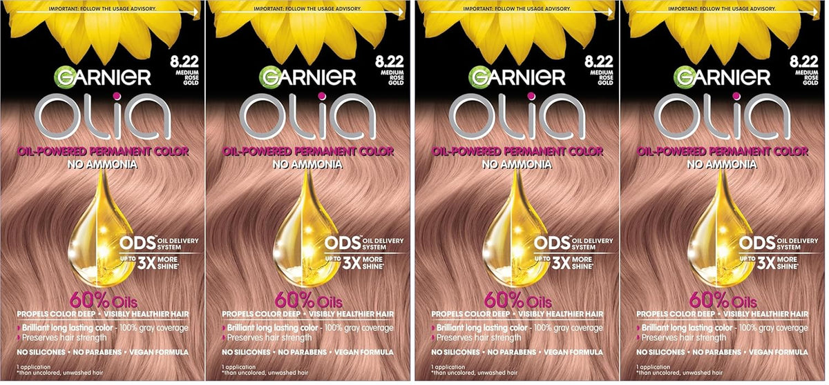Garnier Hair Color Olia Ammonia-Free Brilliant Color Oil-Rich Permanent Hair Dye, 8.22 Medium Rose Gold, 2 Count (Packaging May Vary) (Pack of 2)