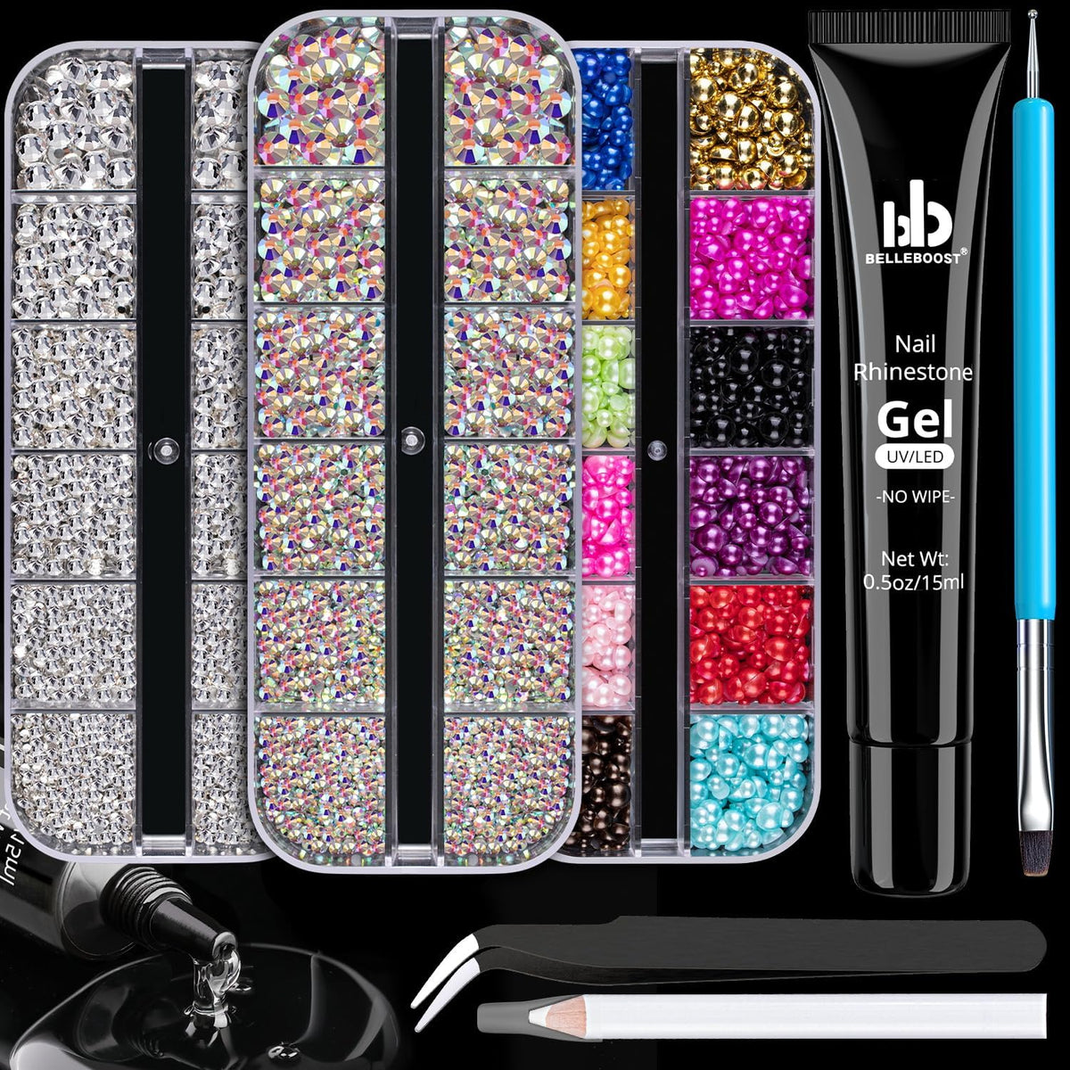 Rhinestones for Nails & Pearls, Manicure Kit with Nail Rhinestone Glue Gel, Flat Back Glass Crystal AB + Clear Gems, Colorful Half Round Pearls, Gem Glue (UV/LED Needed) with Dotting Tools