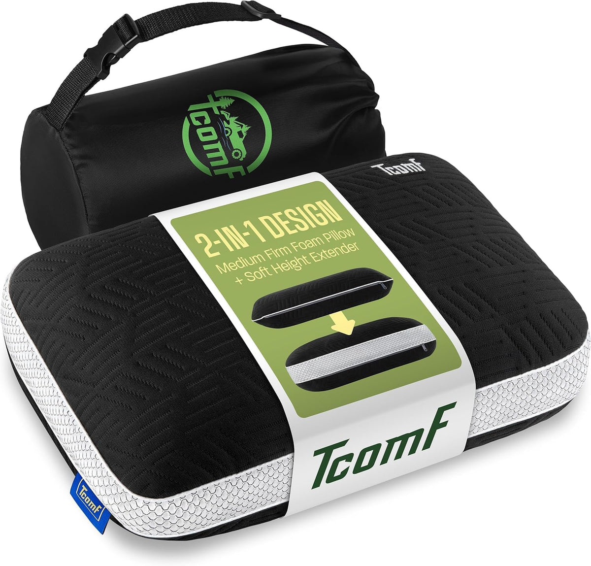 TCOMF Camping Pillow: Dual Cover, Memory Foam Travel Pillow, Medium Firm Camp Pillow, Camping Pillows for Sleeping, 5 Layers for Support, Small Travel Pillow,Small Portable Pillow 10x16 Inches (Black)