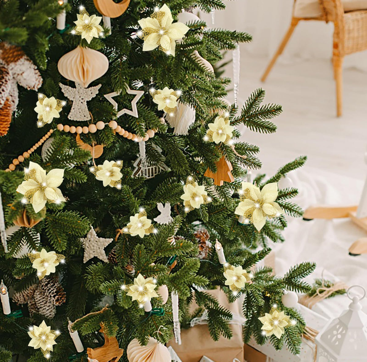 Geefuun 28PCS Christmas Tree Decorations: Poinsettias Artificial Flowers Ornaments Xmas Gold Glitter Flower with Clips