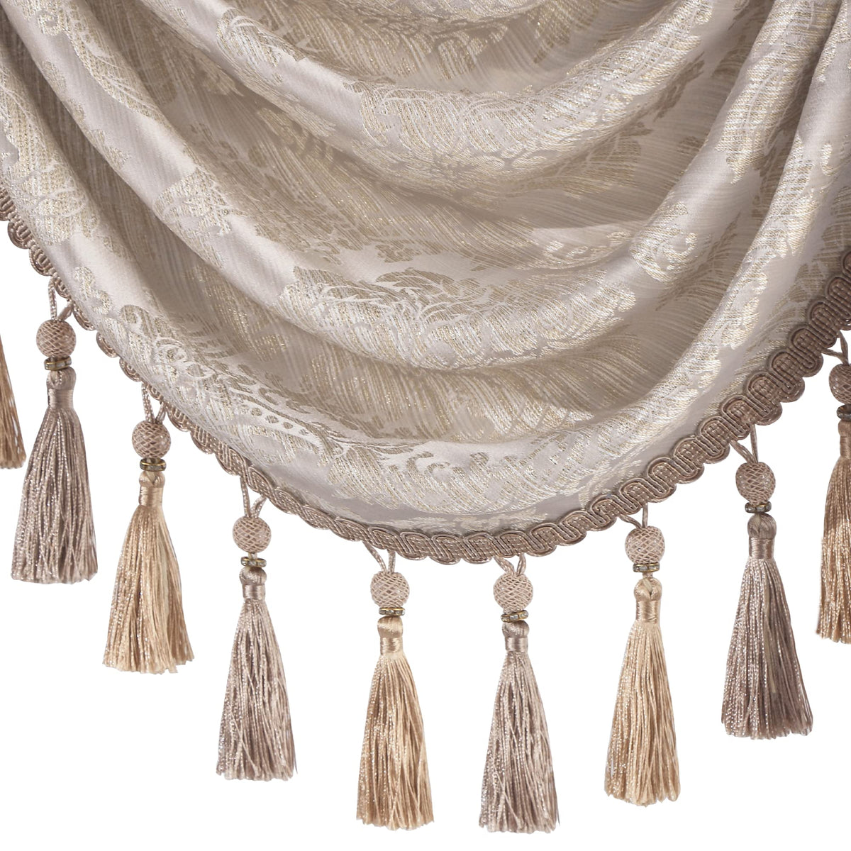 Loom and Mill Luxury Jacquard Waterfall Valance for Living Room, Floral Damask Swag Window Valances with Multi-Tassels, Elegant Swag Curtains for Bedroom Holiday Banquet Decor(W39, Light Taupe+Gold)