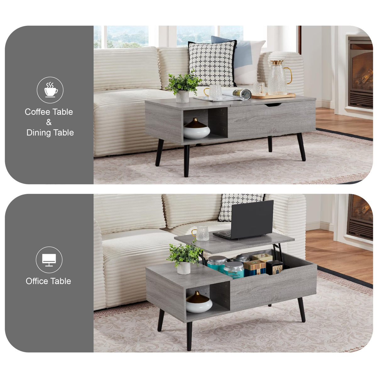 39" Coffee Table, Wood Lift Top Coffee Tables for Living Room with Storage Shelf and Hidden Compartment, Grey