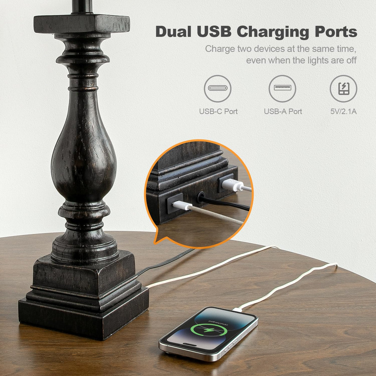 BOBOMOMO 27" Farmhouse Table Lamp Set of 2 with USB A+C for Bedroom Living Room Vintage Rustic Traditional Nightstand Bedside Lamps Retro Side Table Lamps (Black)