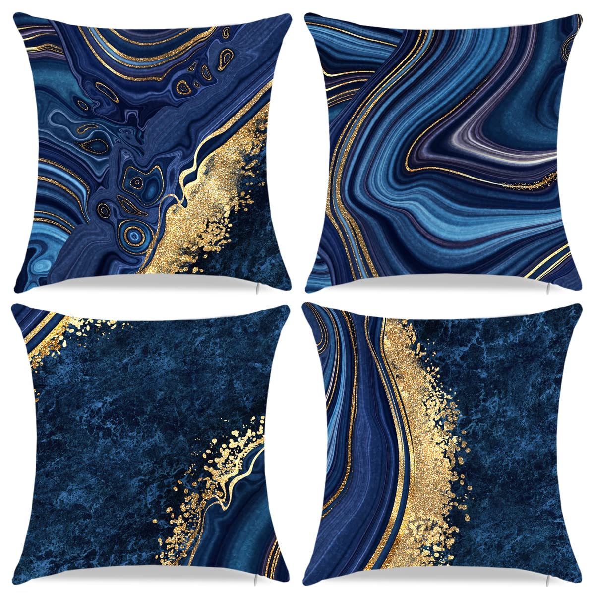 Throw Pillow Covers, Navy Blue Decorative Pillow Covers,Blue and Gold Marble Pillowcase 18x18 inch, Couch Cushion Cover Set of 4 for Home Living Room Bedroom Sofa Decor Pillows