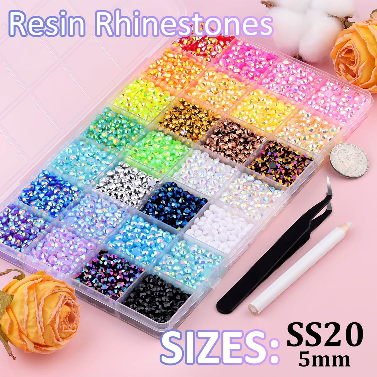 8500Pcs Resin Rhinestones with Tweezers for Crafting, Mixed-Color 5mm Bedazzling Crystal with 1Pcs 10ml B7000 Jewelry Glue for DIY Crafts Clothing Tumblers Shoes Fabric Nail Art