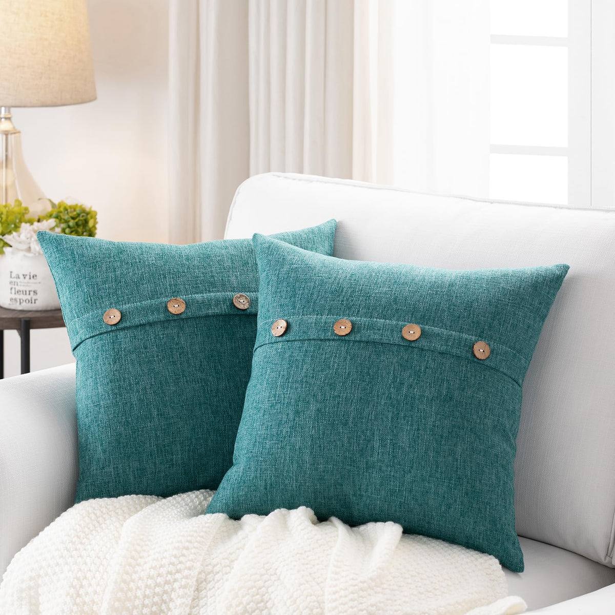 Meekio Set of 2 Teal Green Square Pillow Covers 18 x 18 Farmhouse Boho Pillow Covers with Coconut Buttons for Sofa Couch Living Room Bedroom Farmhouse Décor for The Home