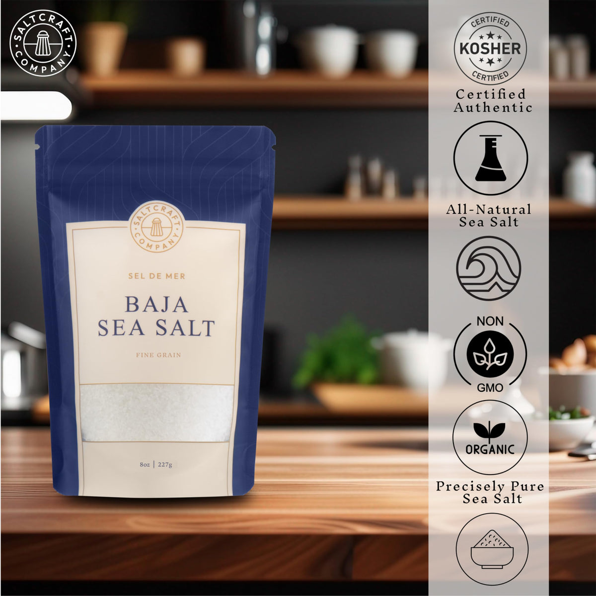SALTCRAFT COMPANY - Baja Sea Salt, Fine Grain Crystals, Low Sodium 30%, Kosher Certified & Mineral Salt - 8 Ounce