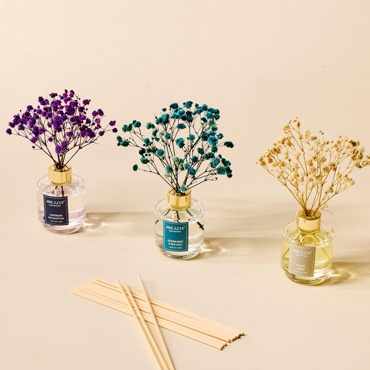 Airkeep Reed Diffuser Set of 3,Clean Linen Ocean Mist&Sea Salt Lavender Eucalyptus Oil Reed Diffusers for Bedroom Living Room Office Aromatherapy Oil Reed Diffuser for Gift 50ml x 3