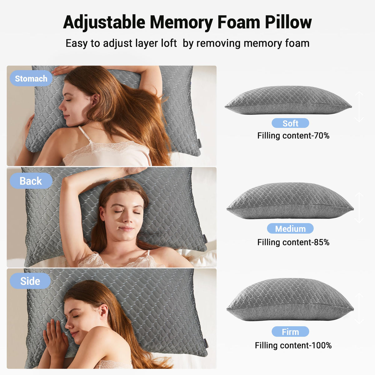 puredown Pillows Queen Size Set of 2, Shredded Memory Foam Pillows, Cooling Foam Pillow for Sleeping, Soft Bed Pillow Queen Size with Adjustable Foam for Side, Back and Stomach Sleepers, Grey