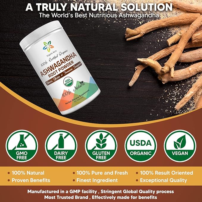 Certified Organic Ashwagandha Root Powder 16Oz -1Lb. Natural Stress, Brain and Immune Support. Enhances Overall Health. Raw Superfood. 100% Natural Herbal