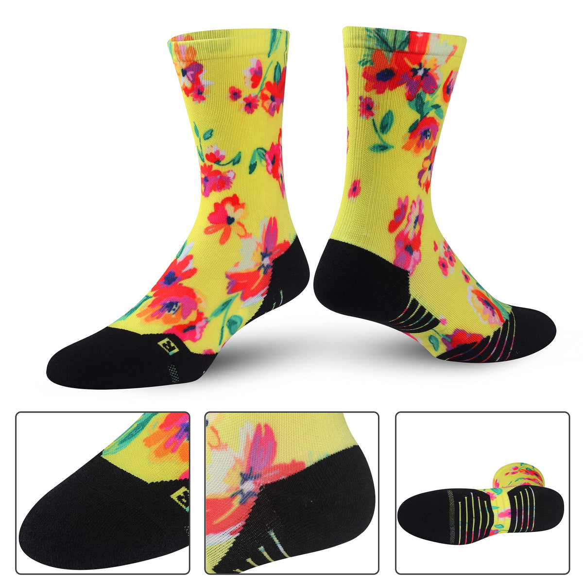 HUSO Cycling Socks, Men's Women's Cool Crazy Floral Crew Mid Calf Novelty Outdoor Hiking Mountain Biking Socks 4 Pairs (Multicolor, L/XL)