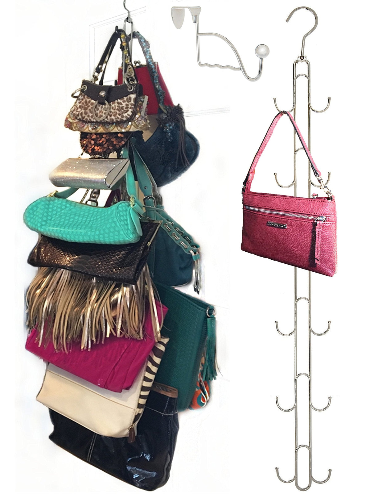 Over Door and Closet Purse Hanger Organizer- 12++ Max Purse Storage, Bag Holder Rotates 360, Quality Heavy Duty Chrome Holds 50lbs; Purses, Handbags, Totes, Crossbody, Backpacks, Fanny, Belt Bags