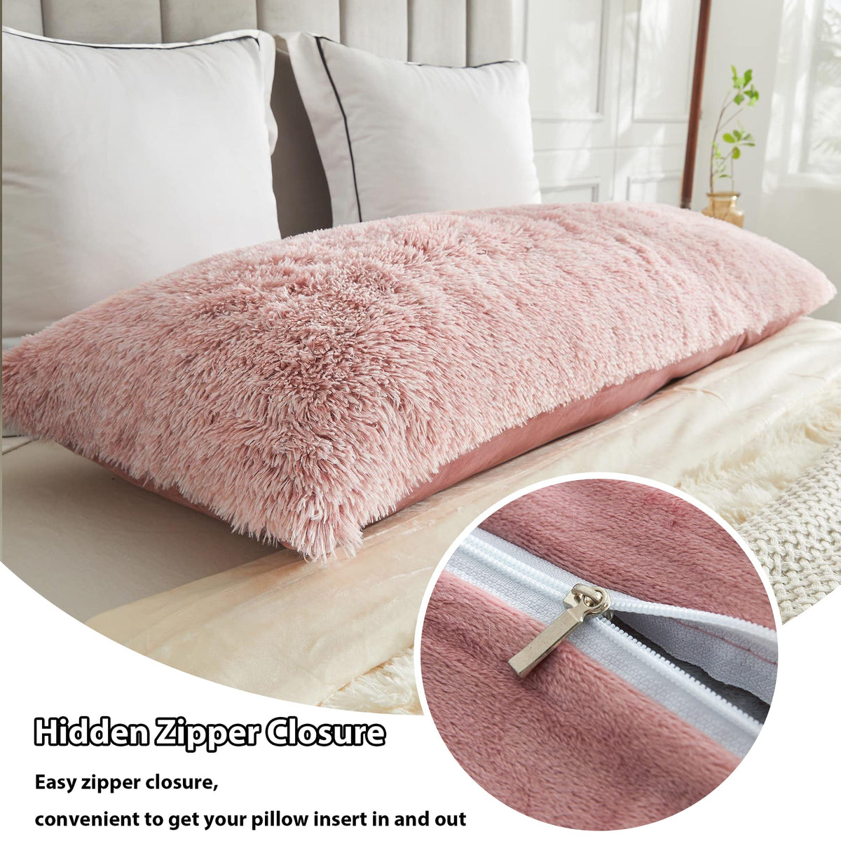 LIFEREVO Body Pillow Cover with Zipper Closure,Luxury Shaggy Ultra Soft Plush Faux Fur Pillowcase 20"x54" for Bed Couch,Microfiber Long Pillowshams for Adults Pregnant Women/Mother/Wife(Ombre Pink)