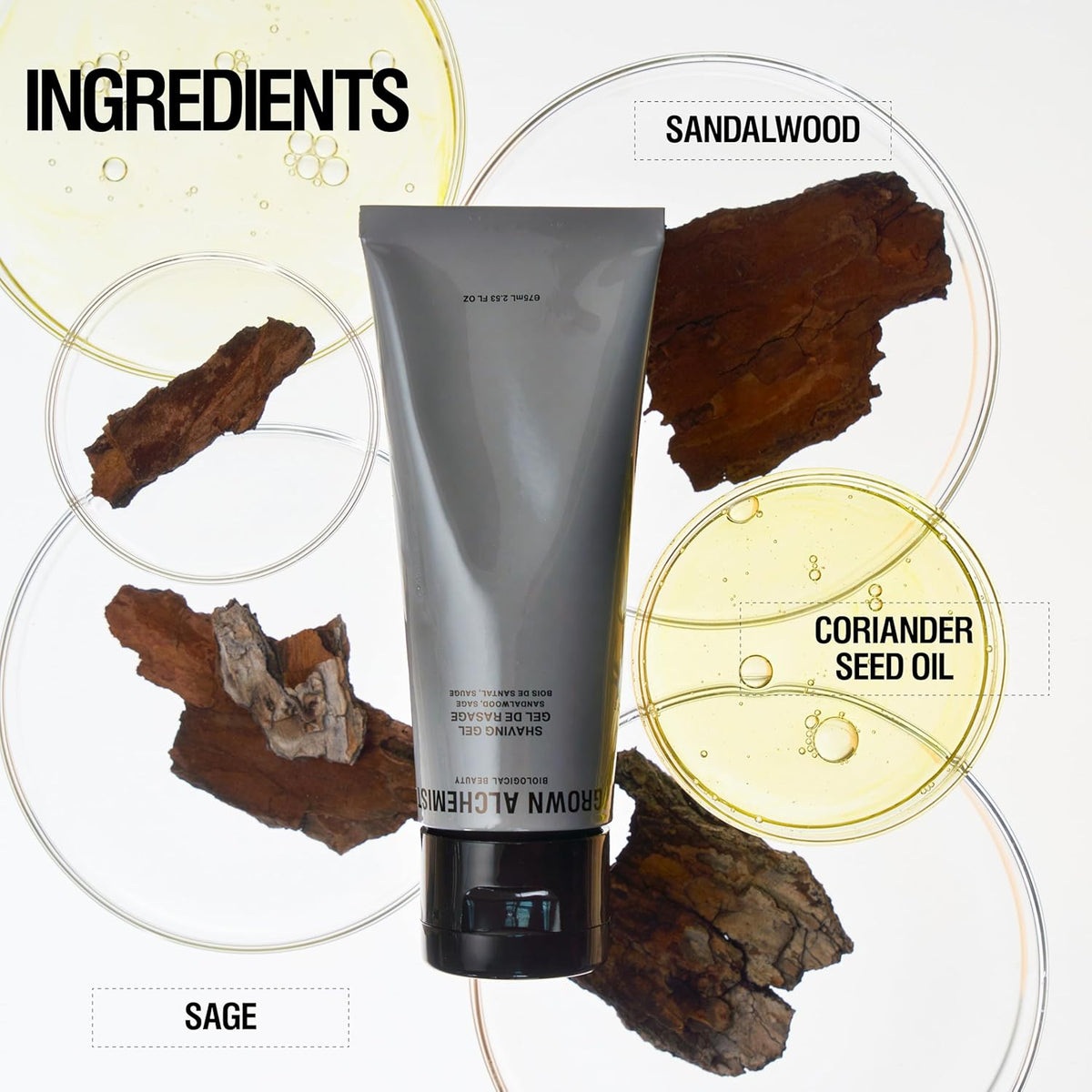 Grown Alchemist Shaving Gel, Sandalwood & Sage. Hydrating Botanicals, Close, Smooth Shave (75ml)