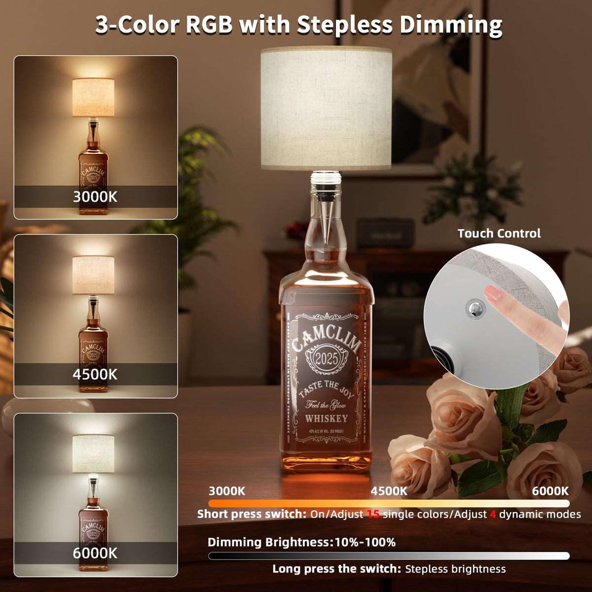 Wireless Wine Bottle Lamp Shade: Liquor Bottle Stopper Light With Remote Control Dimmable Cordless Portable Rechargeable Led Battery Operated Whiskey Bottle Lampshade For Bedside Bedroom Bar Decor