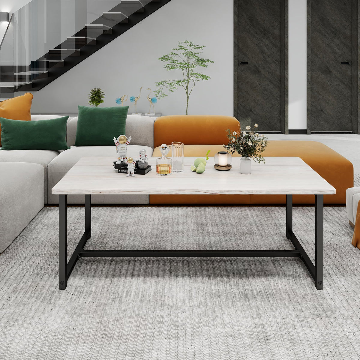 VERFARM 35.4" Rectangular Coffee Table for Living Room, Modern Industrial Style Coffee Table Center Table with Metal Frame for Small Space, Apartment, Office, Easy Assembly, Teak Oak