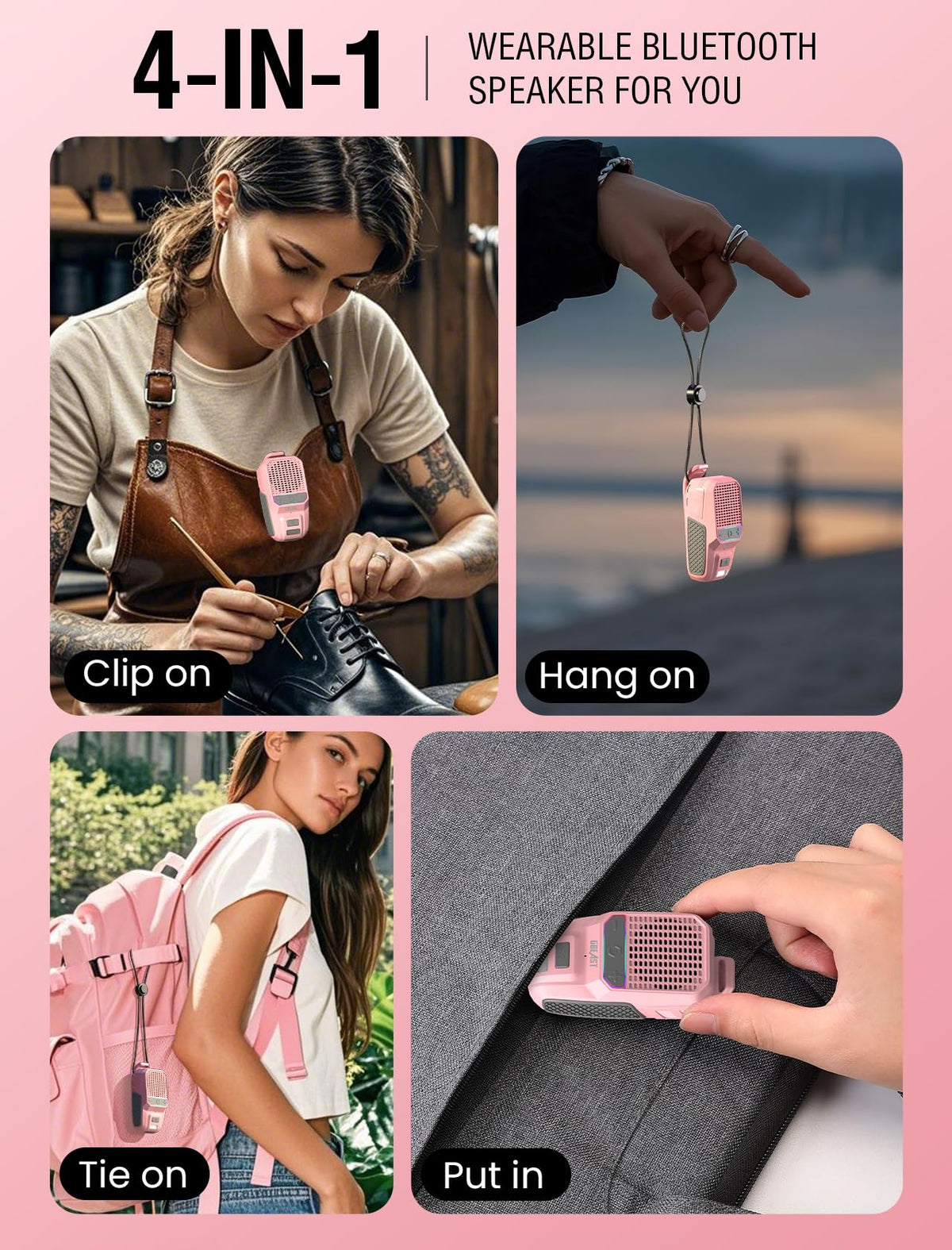 GBEAST Wearable Bluetooth Speaker with RGB, IPX6 Waterproof Clip-On Portable Speaker with 30H Playtime - Built-in Mic Hands-Free for Jobsite/Outdoor/Golf, TWS Portable Speakers（Pink）